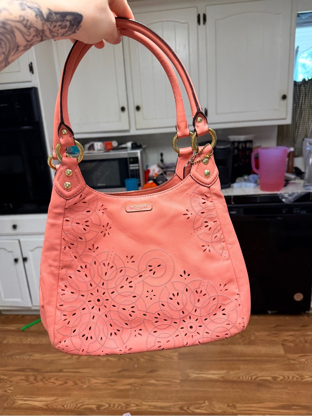 Coach Ashley Pink Leather Laser Cut Eyelet Hobo Shoulder Bag